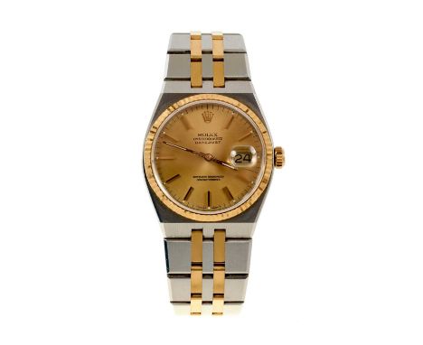 Gentlemen's Rolex Oysterquartz Datejust chronometer wristwatch, model 17013, with champagne coloured dial, gold bezel, in sta