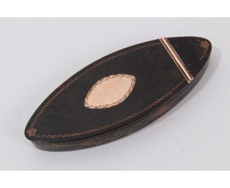 18th century George III tortoiseshell and yellow metal inlaid snuff or patch box, of navette form, the hinged lid with a mirr