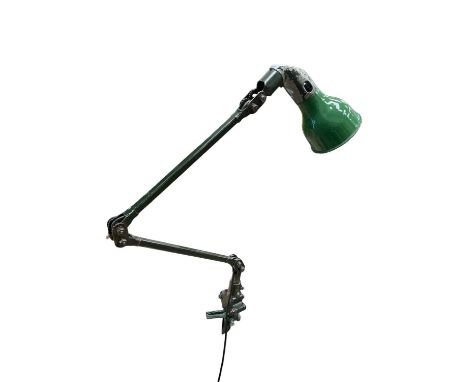‘Mek Eleck’ industrial clamp light with green enamel shade, c1950, fully restored