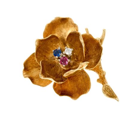 14ct gold diamond, sapphire and ruby flower brooch, the stylised rose set with a brilliant cut diamond, a round mixed cut sap