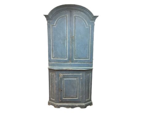 18th century Swedish painted pine double cupboard, early original mid blue paint with light blue highlights, with double door