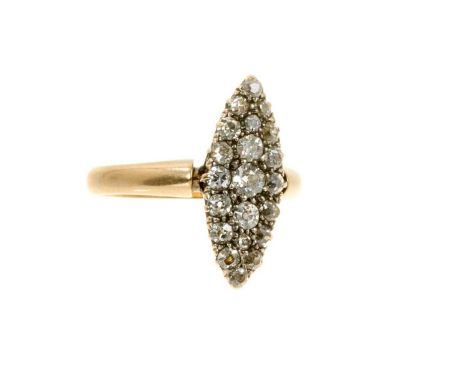 Late Victorian diamond cluster ring with a marquise shape cluster of old cut diamonds, estimated total diamond weight approxi