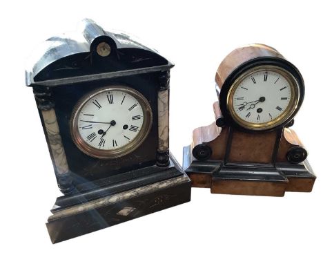 Mid 19th century mantel clock in walnut veneer with key, 10” wide x 11” high, and a marble clock. (2)
