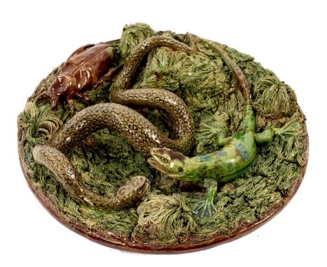 Palissy ware pottery plate with snake lizard and beetle by Manuel Mafra, 20cm diameterLosses to two of the beetle's legs. Chi