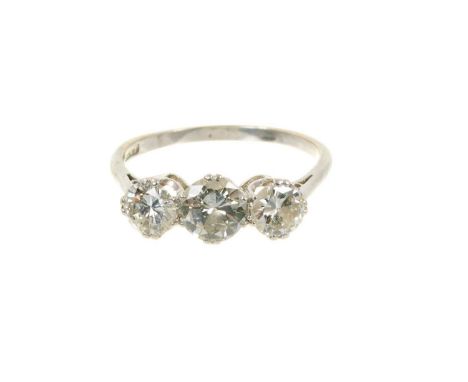 Diamond three stone ring with three brilliant cut diamonds estimated to weigh approximately 1.5cts in total, in claw setting 