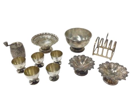 Selection of Victorian and later miscellaneous silver and white metal, including toast rack, Indian pepper grinder, pair of p