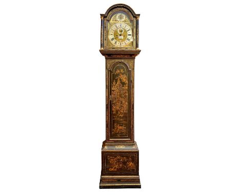 18th century black Chinoiserie lacquered longcase clock with brass and silvered dial signed David Matthews London, strike sil