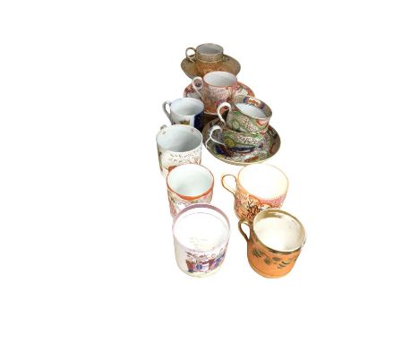 Coalport Dragon in Compartments pattern teacup, coffee can and saucer, and other cans and saucersA few chips and hairlines - 
