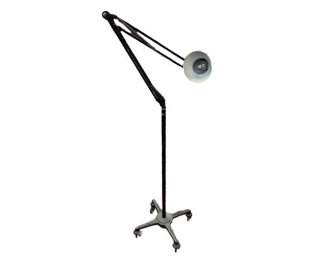 Black painted, c1940, Anglepoise floor, or trolley lamp with original trolley with yellow wheels, original and unrestoredShad