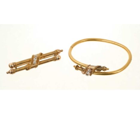 19th century Russian gold and diamond hinged bangle and matching brooch, the torque bangle with a gold scroll set with three 