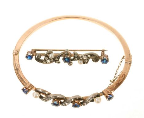 Victorian diamond, sapphire and pearl hinged bangle and matching brooch, with mixed cut blue sapphires and old cut diamonds w