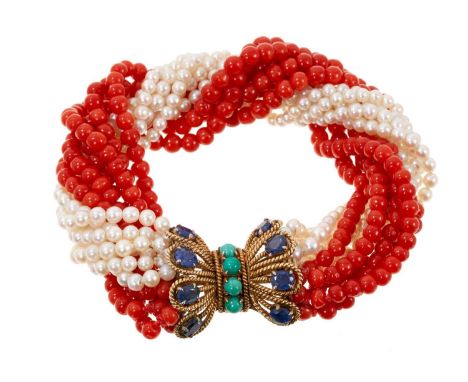 Coral and cultured pearl multi-strand bracelet with a 14ct gold blue sapphire and turquoise clasp, approximately 17.5cm lengt