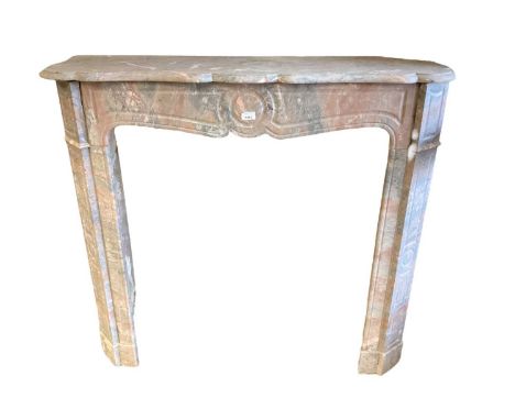 19th century French marble fire surround, in pink and blue variegated marble, 114cm wideIn good order apart from large corner