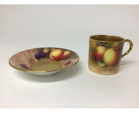 Royal Worcester fruit painted coffee can and saucer, signed by Ayrton and Moseley, the saucer 11cm diameterIn good condition 