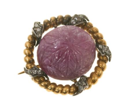 Victorian carved ruby cabochon and diamond brooch, the ruby with carved foliate decoration, approximately 13.7mm x 15mm surro