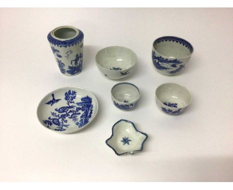 Group of 18th century Worcester blue and white porcelain, including a Birds in Branches pattern tea bowl, saucer and bowl, Fi