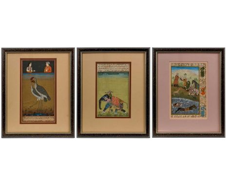 Three antique Indo-Persian illuminated manuscript leaves, painted with figural scenes, all in conforming glazed gilt splash f