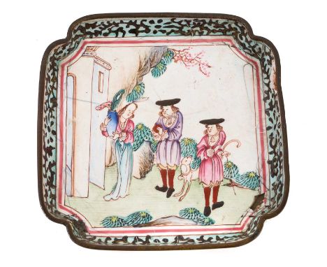 Chinese Canton enamel dish, Qianlong period, decorated with a European subject scene, seal mark to base, 10cm wide