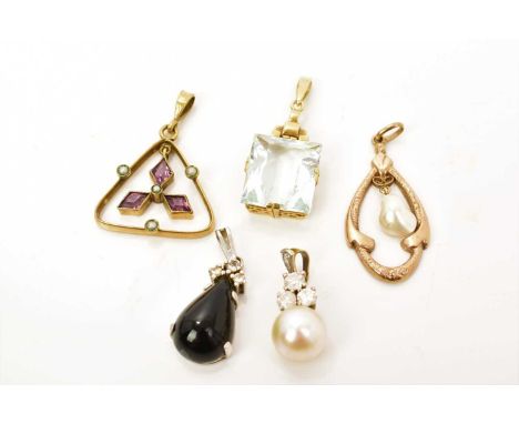 Cultured pearl and diamond pendant, two 14ct gold gem set pendants and two antique yellow metal open work pendants (5)Culture