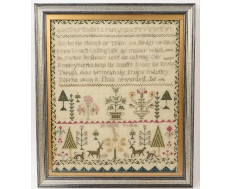 George III sampler by M Trokes, with alphabet and didactic verse and formal foliage and animal ornament, signed and dated 180