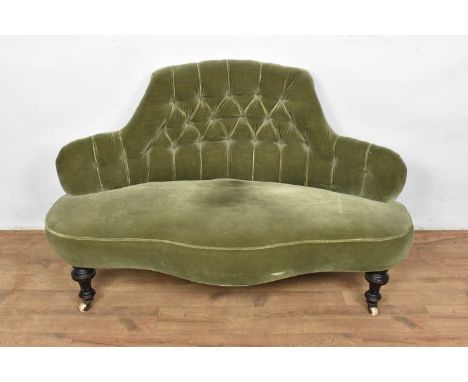 Victorian conversation seat, with moss green button upholstery, turned legs and castorsGood original condition, 132cm wide, 7