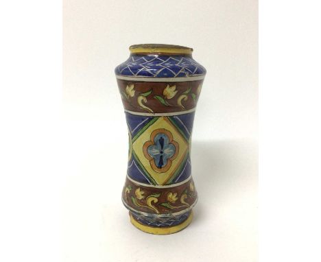 Italian/Spanish mailolica albarello, polychrome decorated with foliate patterns, 26cm high