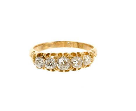 Late Victorian diamond five stone ring with five graduated old cut diamonds in gold claw setting, estimated total diamond wei