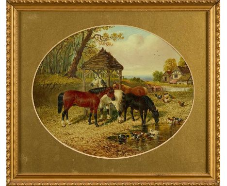 John Frederick Herring (1815-1907) oil on canvas - Farmyard with horses ducks and chickens beside a pond, signed, 28cm x 34cm