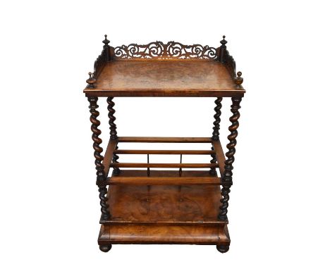 Victorian burr walnut canterbury whatnot, with pierced three quarter gallery and spiral supports with cushion drawer to the b