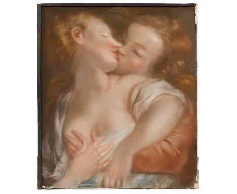 18th century Continental pastel, Lovers, 41 x 35cmPastel on paper attached to a wooden stretcher (missing top edge). A tear a