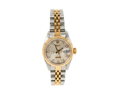 Ladies Rolex Datejust gold and stainless steel wristwatch, with silver-coloured Jubilee diamond dial, gold milled bezel, scre