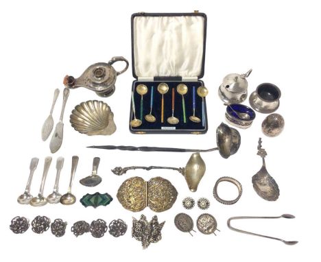 Selection of miscellaneous English and Continental silver and white metal, including a table lighter, butter shell, toddy lad