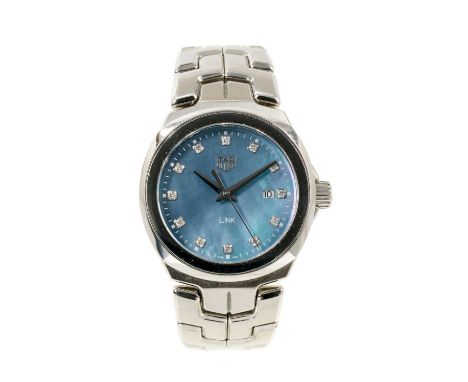 Ladies Tag Heuer Link stainless steel wristwatch, reference WBC1313, with blue mother of pearl dial with diamond dot hour mar