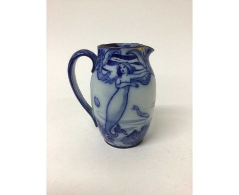 Early 20th century Royal Doulton flow blue jug decorated in the Art Nouveau style with mermaids and fish, stamped mark, 15cm 