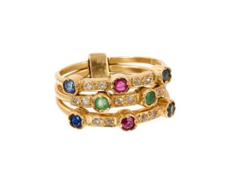 Diamond and multi-gem three band ring with three bands of diamonds, rubies, sapphires and emeralds, ring size J½-K.The ring i