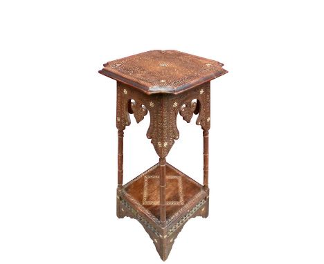 Antique Islamic mother of pearl inlaid plant stand, Syria, arabesque relief carved shaped square top on gently splayed suppor