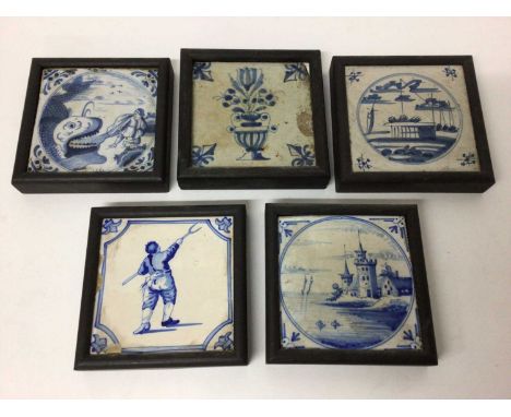 Group of five framed 18th century Dutch blue and white delftware tiles, including Jonah and the Whale