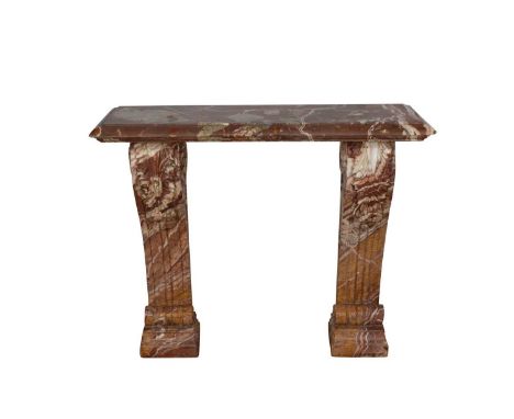 Impressive rococo variegated marble pier table, with substantial rectangular shelf raised on classical scrolled supports, 115