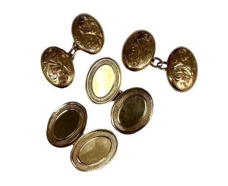 Pair of 9ct gold oval cufflinks with engine turned border together with another pair of 9ct gold oval cufflinks with engraved