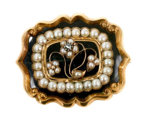 Early Victorian mourning brooch with a diamond and seed pearl forget-me-not design within a seed pearl border on a black enam