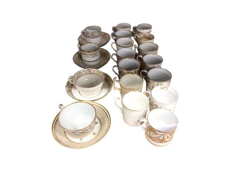 Miles Mason coffee can, decorated in orange and gilt, and other coffee cans and saucers