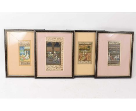 Four antique Indo-Persian illuminated manuscript leaves, painted in gouache with figural scenes, all in confirming glazed gil
