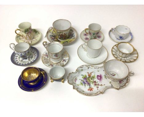 Group of Continental porcelain cups and saucers, including Dresden, Limoges, Herend, Royal Copenhagen, etcAll in good conditi