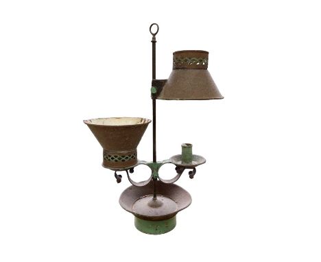 19th century two candle adjustable candle lamp, 52cm highOne shade is detached, requires re soldering to adjustable collar, o