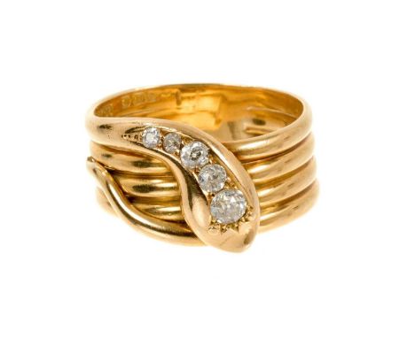 Antique 18ct gold and diamond snake ring set with five graduated old cut diamonds estimated to weigh approximately 0.55cts on