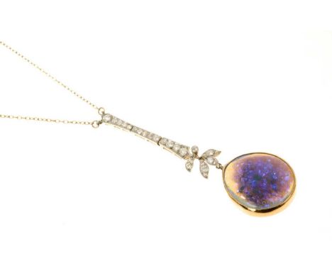 Edwardian black opal and diamond pendant necklace, the black opal measuring approximately 20 x 17 x 5.1mm, in gold rub over s