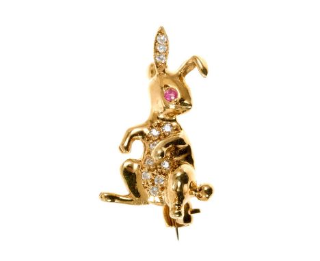 18ct gold diamond and ruby novelty roach in the form of a bunny rabbit with pavé set diamonds and ruby eyes, sponsor's mark C