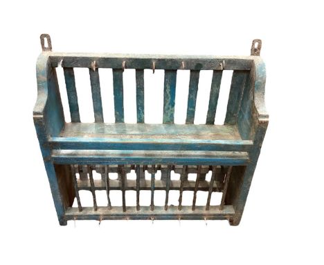 Small early 19th century plate rack with galleried shelf and hanging hooks and original blue paint, 1ft 6 long x 1ft 4 highGo