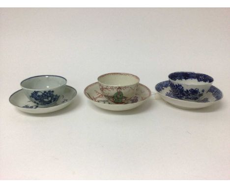 Three 18th century Liverpool tea bowls and saucers, including one decorated in polychrome enamels with Chinese figures, one w