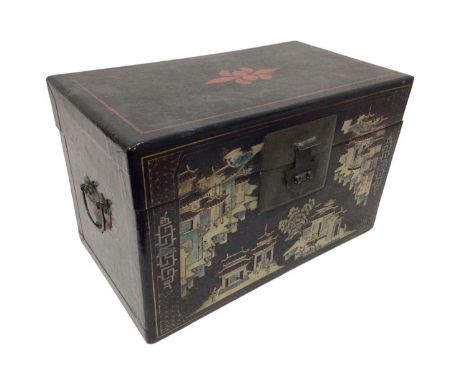 Chinese papier mâché trunk, with flanking carrying handles, decorated with landscape reserves, 43cm wide